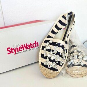 🆕Espadrille Navy Blue and White striped espadrille flats and rhinestone sparkle